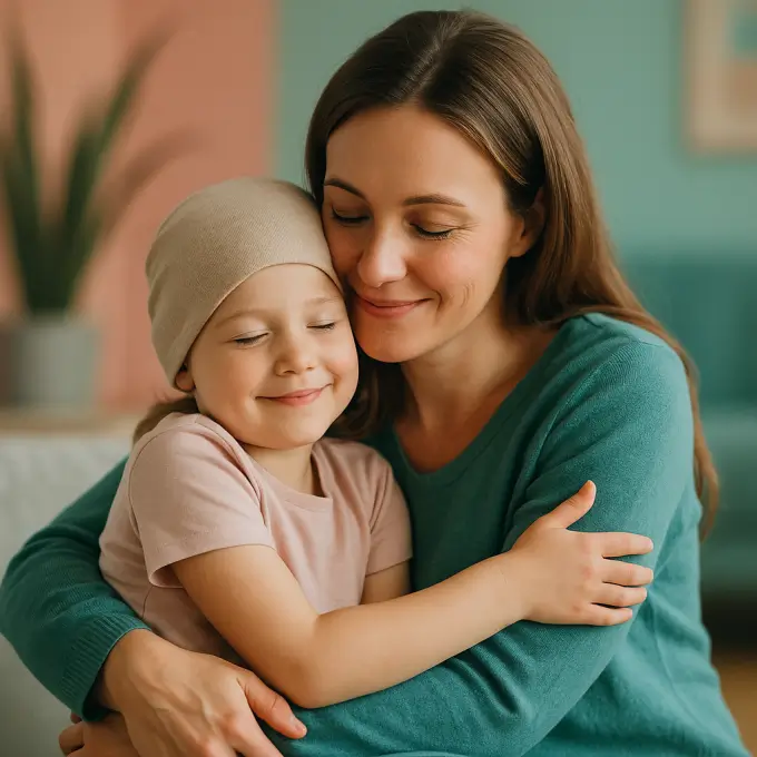 Madre abrazando a su hija con ternura en un espacio acogedor, simbolizando apoyo y contención familiar